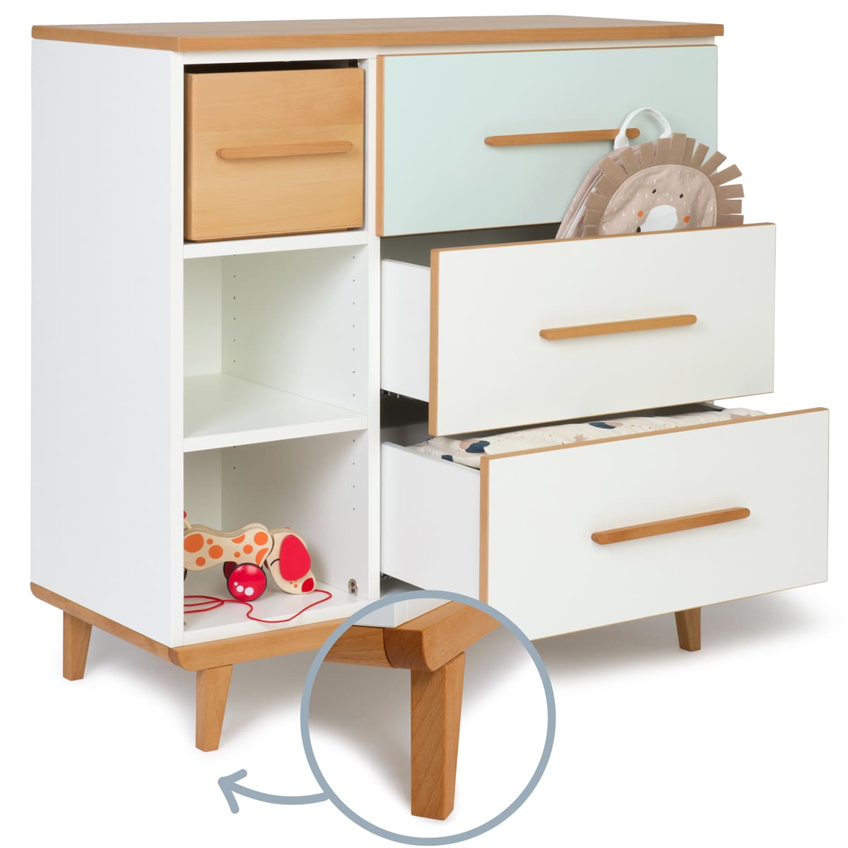 Commode 3 tiroirs 3 niches NADO Retro finition hêtre mint-white