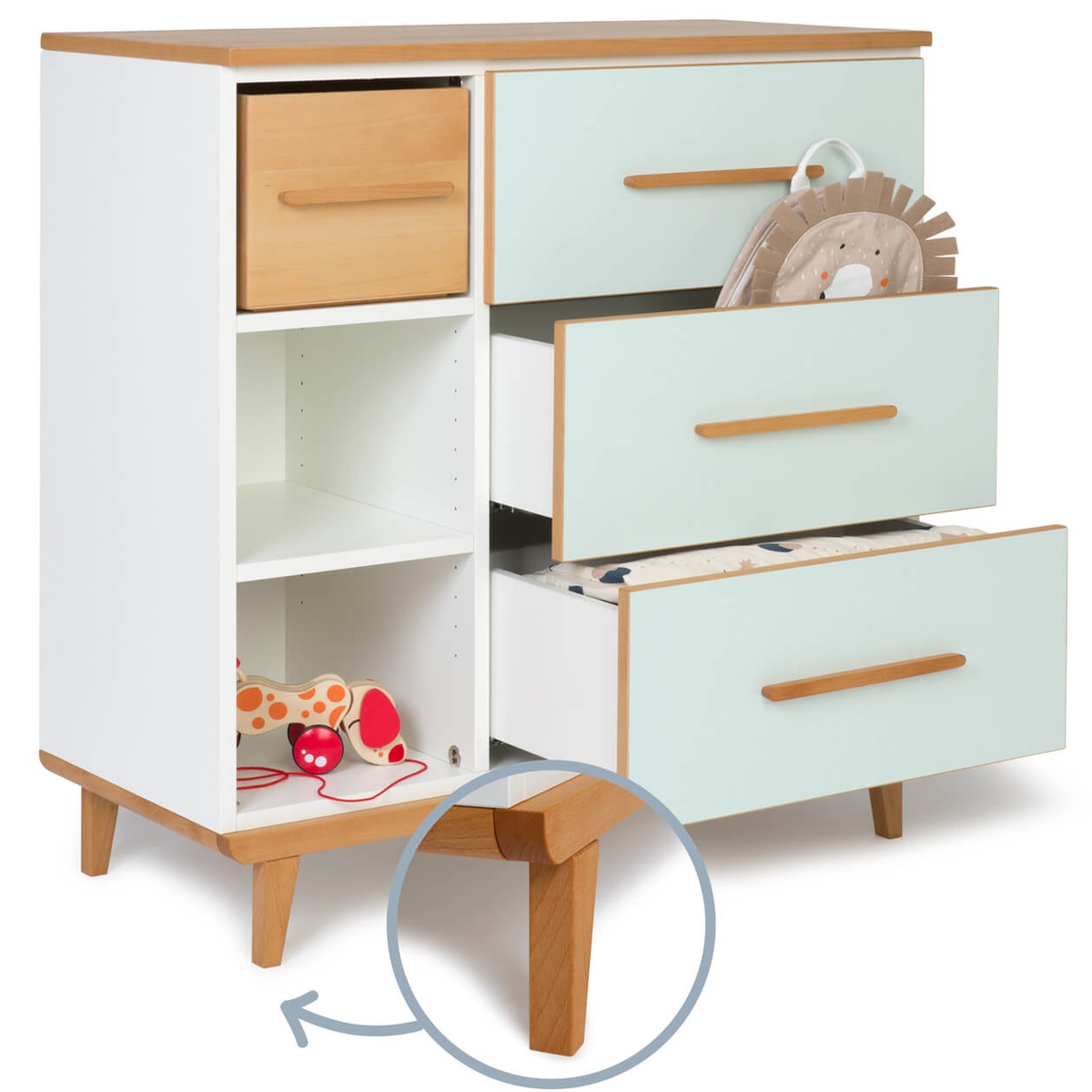 Commode 3 tiroirs 3 niches NADO Retro finition hêtre mint