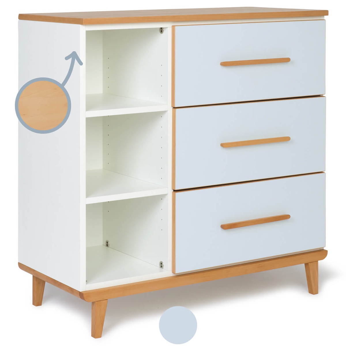Commode 3 tiroirs 3 niches NADO Retro finition hêtre sky blue