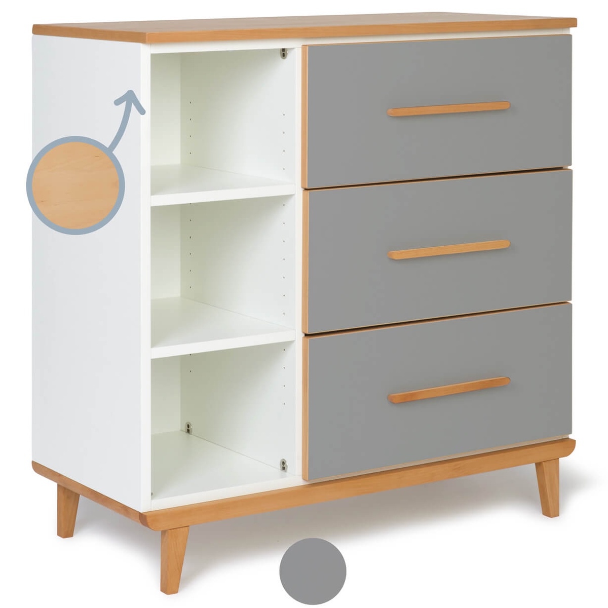 Commode 3 tiroirs 3 niches NADO Retro finition hêtre slate grey