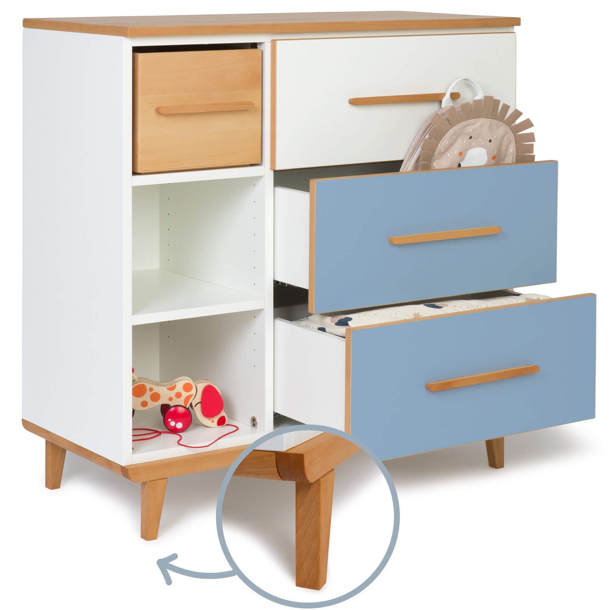Commode 3 tiroirs 3 niches NADO Retro finition hêtre white-capri blue