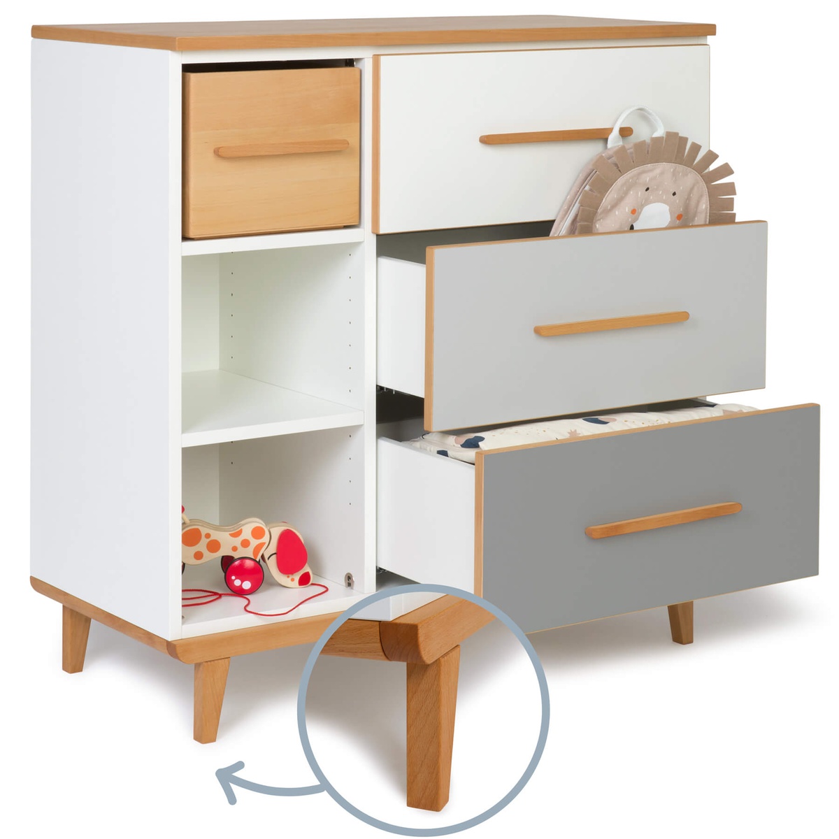 Commode 3 tiroirs 3 niches NADO Retro finition hêtre white-manhattan grey-slate grey