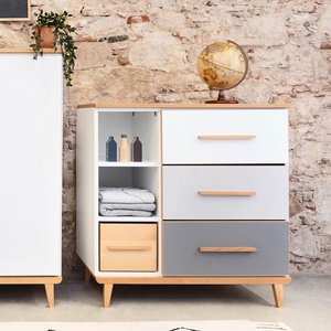 Commode 3 tiroirs 3 niches NADO Retro finition hêtre white-manhattan grey-slate grey