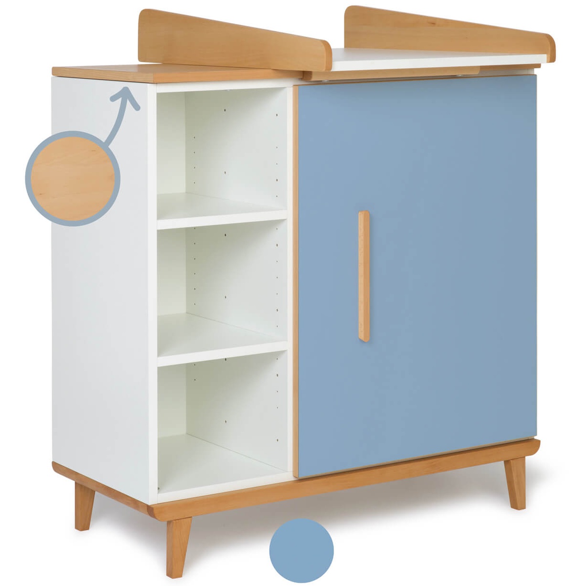 Commode à langer 1 porte 3 niches  NADO Retro finition hêtre capri blue