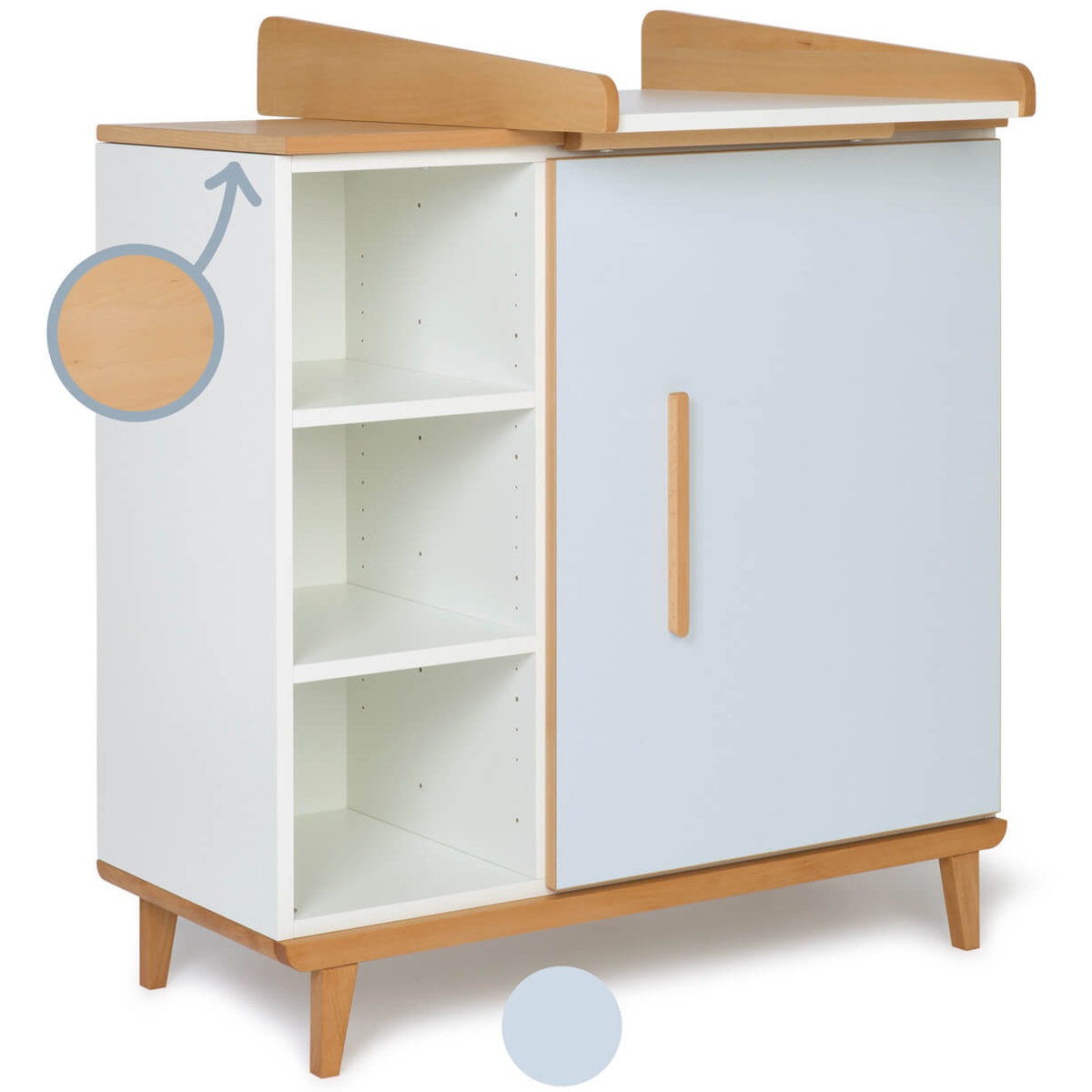 Commode à langer 1 porte 3 niches  NADO Retro finition hêtre sky blue