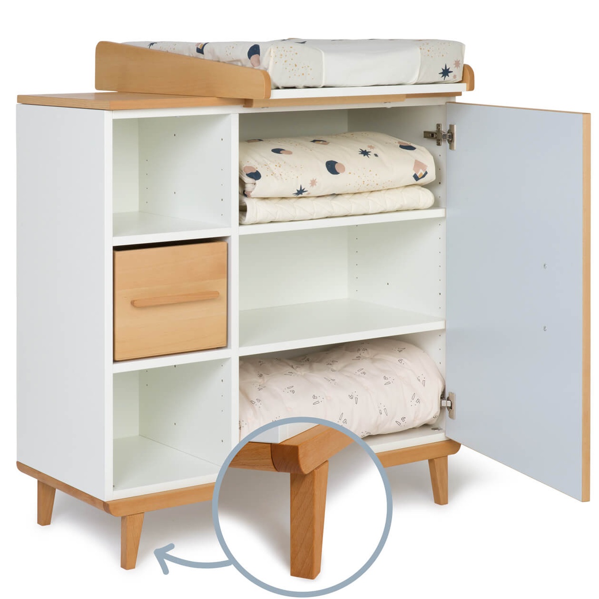 Commode à langer 1 porte 3 niches  NADO Retro finition hêtre sky blue