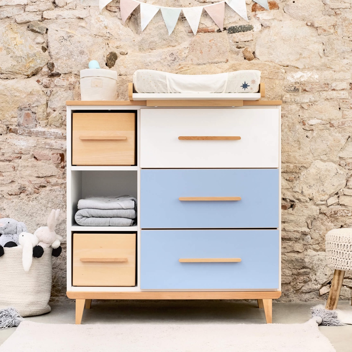 Commode à langer 3 tiroirs 3 niches NADO Retro finition hêtre capri blue