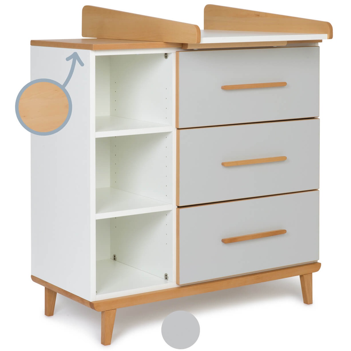 Commode à langer 3 tiroirs 3 niches NADO Retro finition hêtre manhattan grey