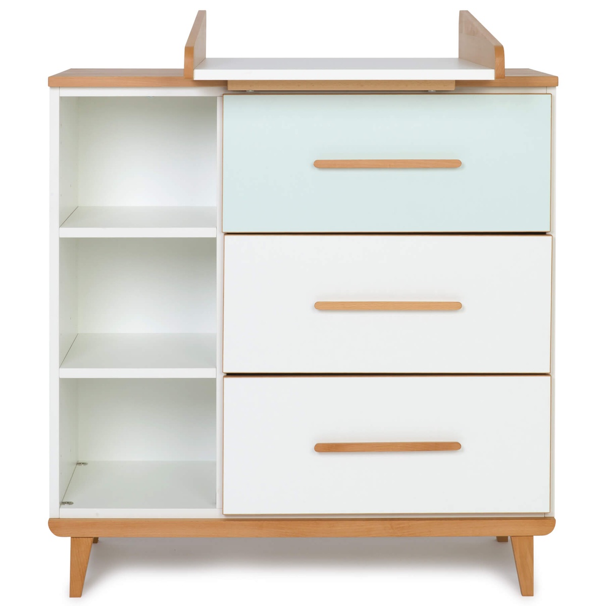 Commode à langer 3 tiroirs 3 niches NADO Retro finition hêtre mint-white