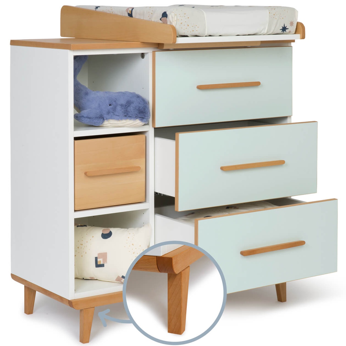 Commode à langer 3 tiroirs 3 niches NADO Retro finition hêtre mint
