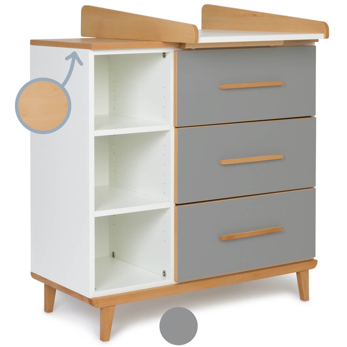 Commode à langer 3 tiroirs 3 niches NADO Retro finition hêtre slate grey