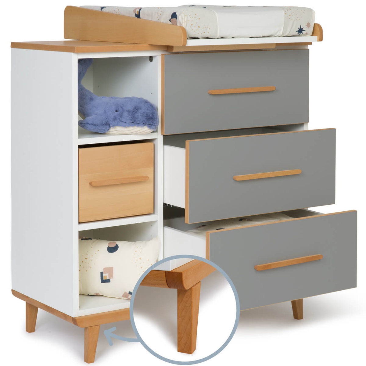 Commode à langer 3 tiroirs 3 niches NADO Retro finition hêtre slate grey