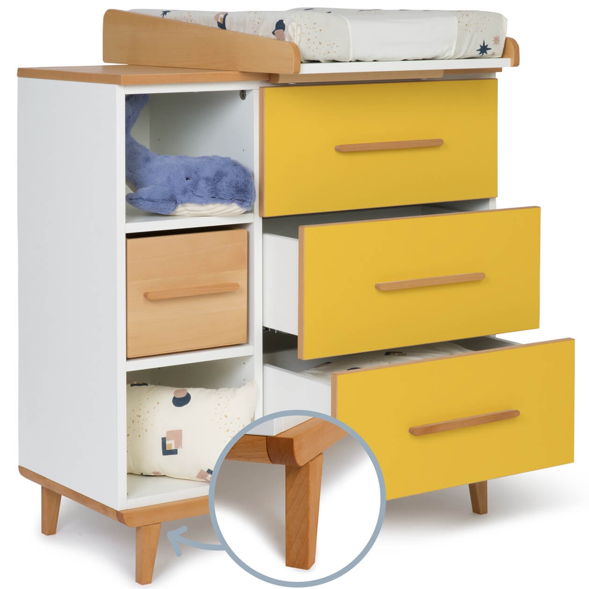 Commode à langer 3 tiroirs 3 niches NADO Retro finition hêtre sunshine yellow