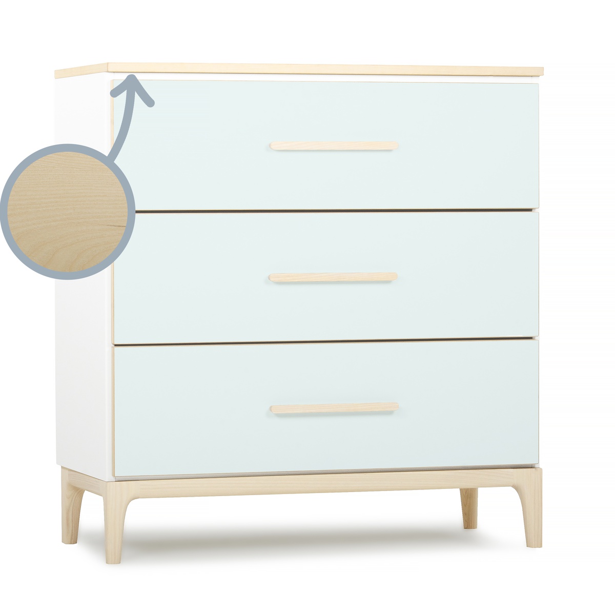 Cómoda 3 cajones NADO Curve acabado fresno mint