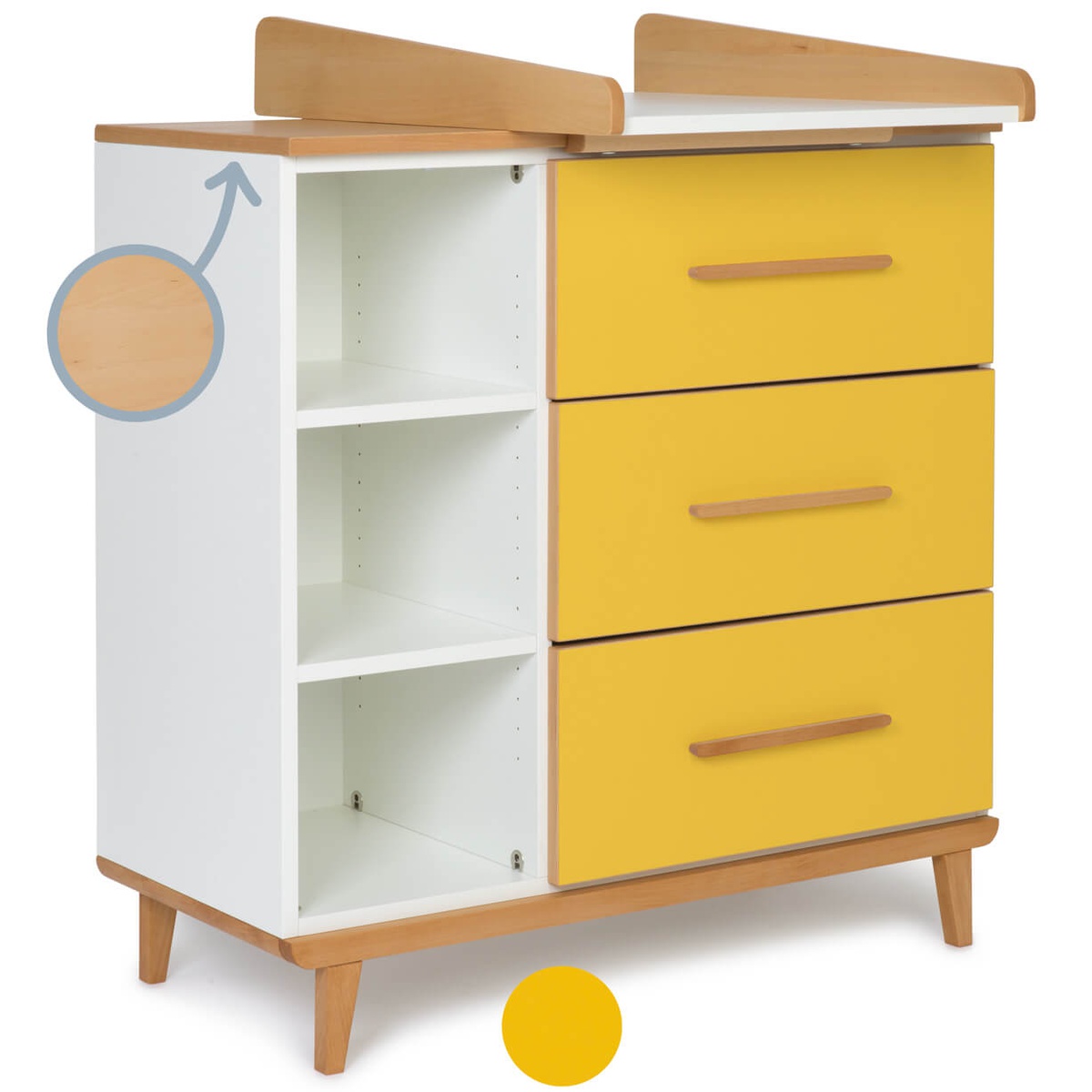 Cómoda cambiador 3 cajones 3 huecos NADO Retro acabado haya sunshine yellow