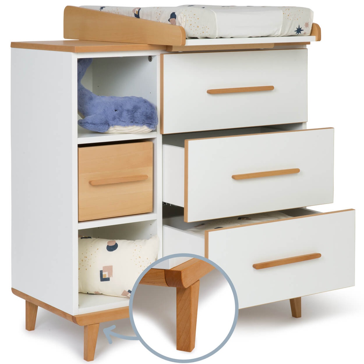 Cómoda cambiador 3 cajones 3 huecos NADO Retro acabado haya white