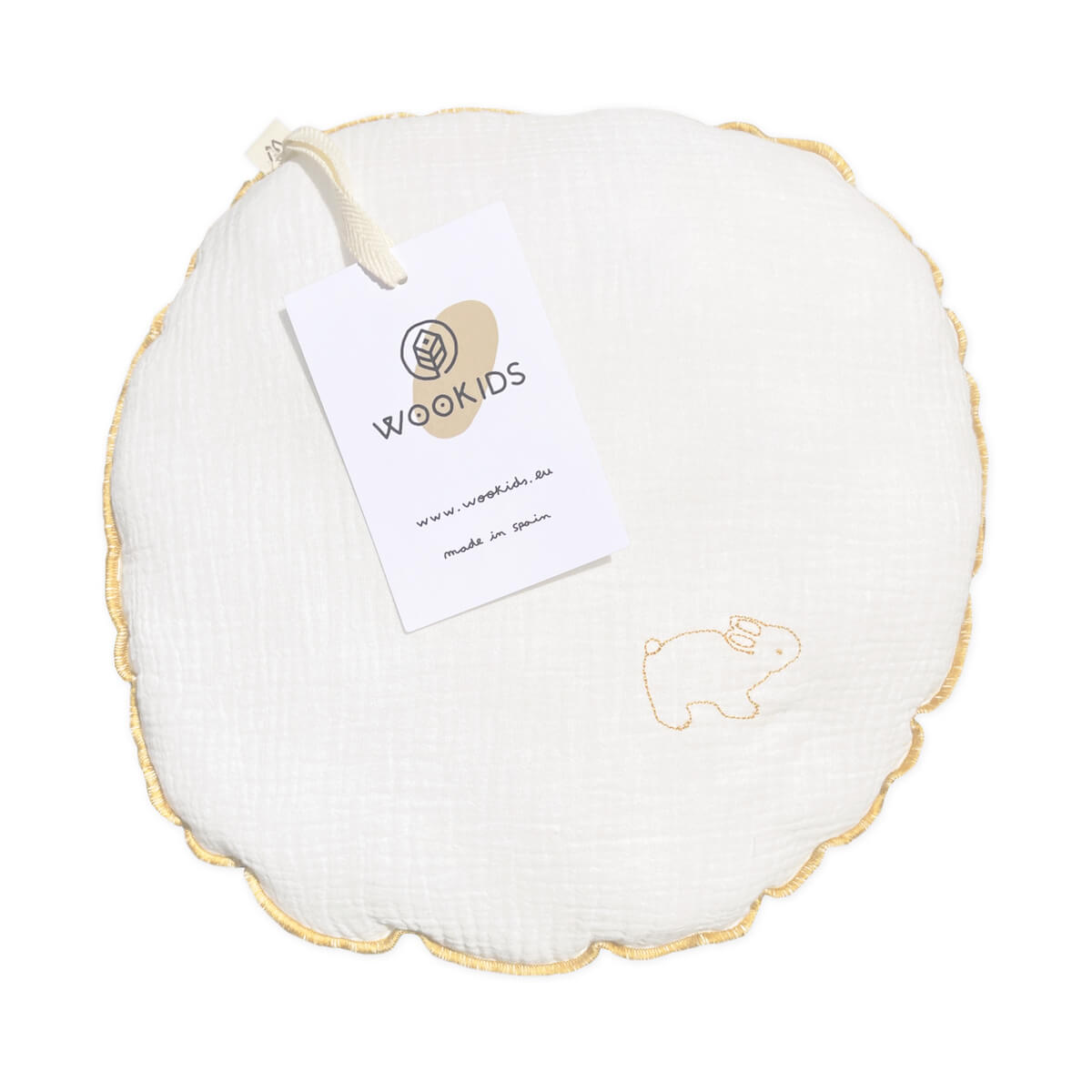 Coussin rond mousseline RABBITS brodé jaune 30cm