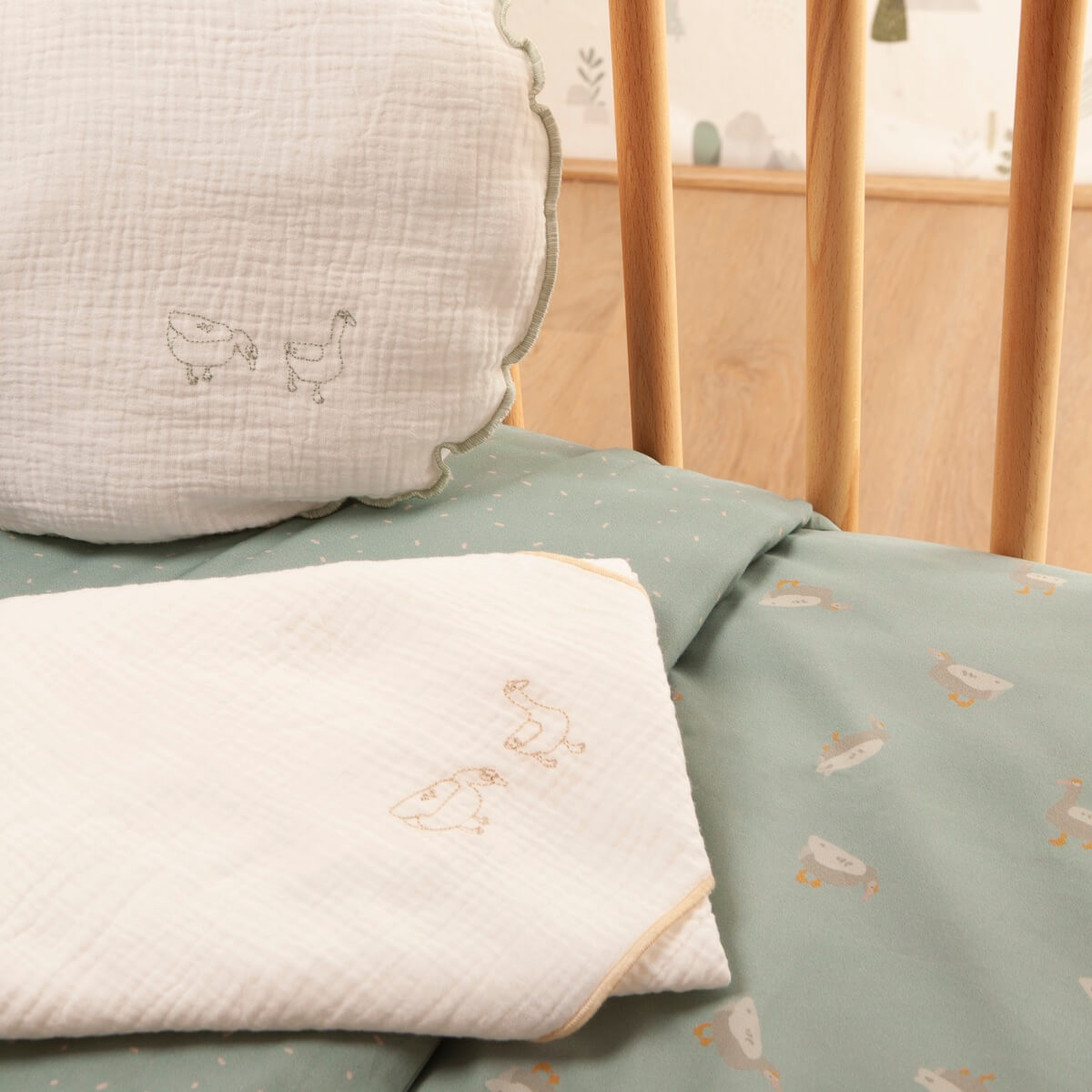 Housse de couette Baby DUCKS bleue beige 100x140cm et taie 40x40cm