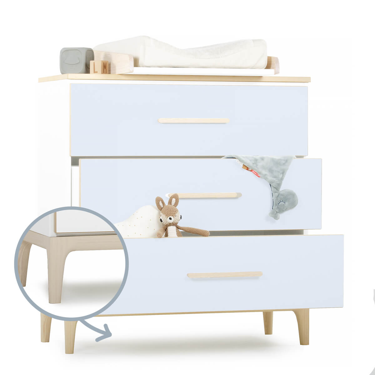 Kommode 3 Schubladen NADO Curve Esche sky blue