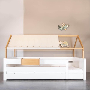 Lit au sol cabane Montessori barrière double KASVA hêtre laqué blanc-chêne huilé textile de toit