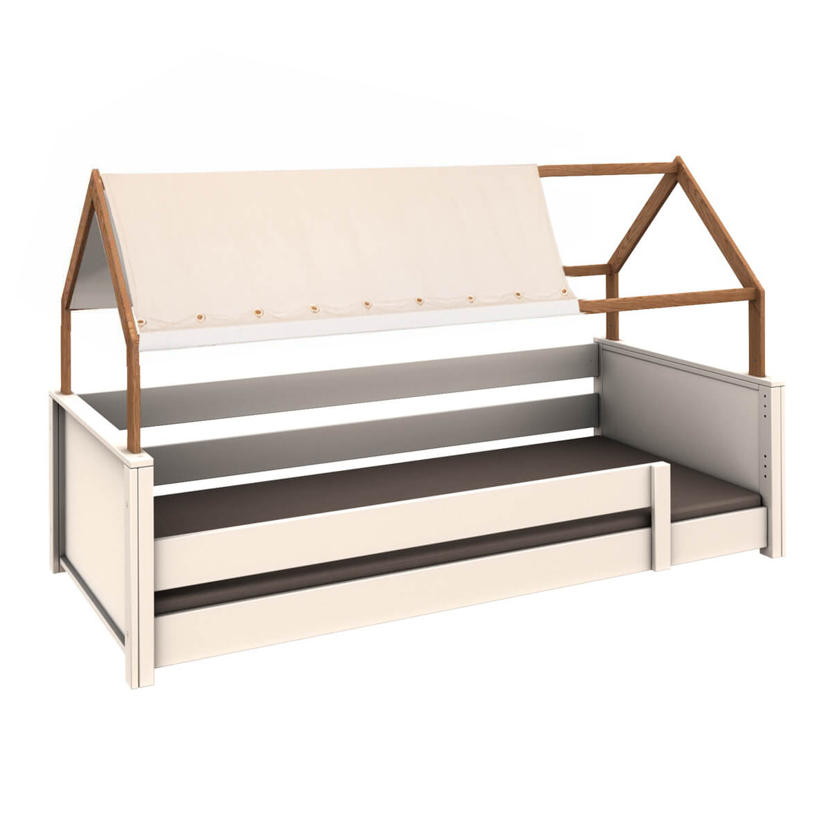 Lit au sol cabane Montessori barrière simple KASVA hêtre laqué blanc-chêne huilé textile de toit