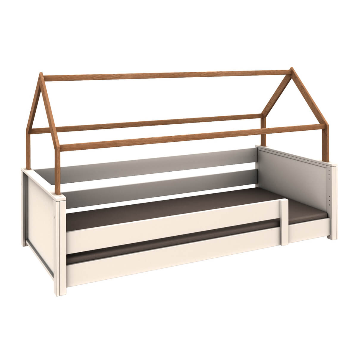 Lit au sol cabane Montessori barrière simple KASVA hêtre laqué blanc-chêne huilé