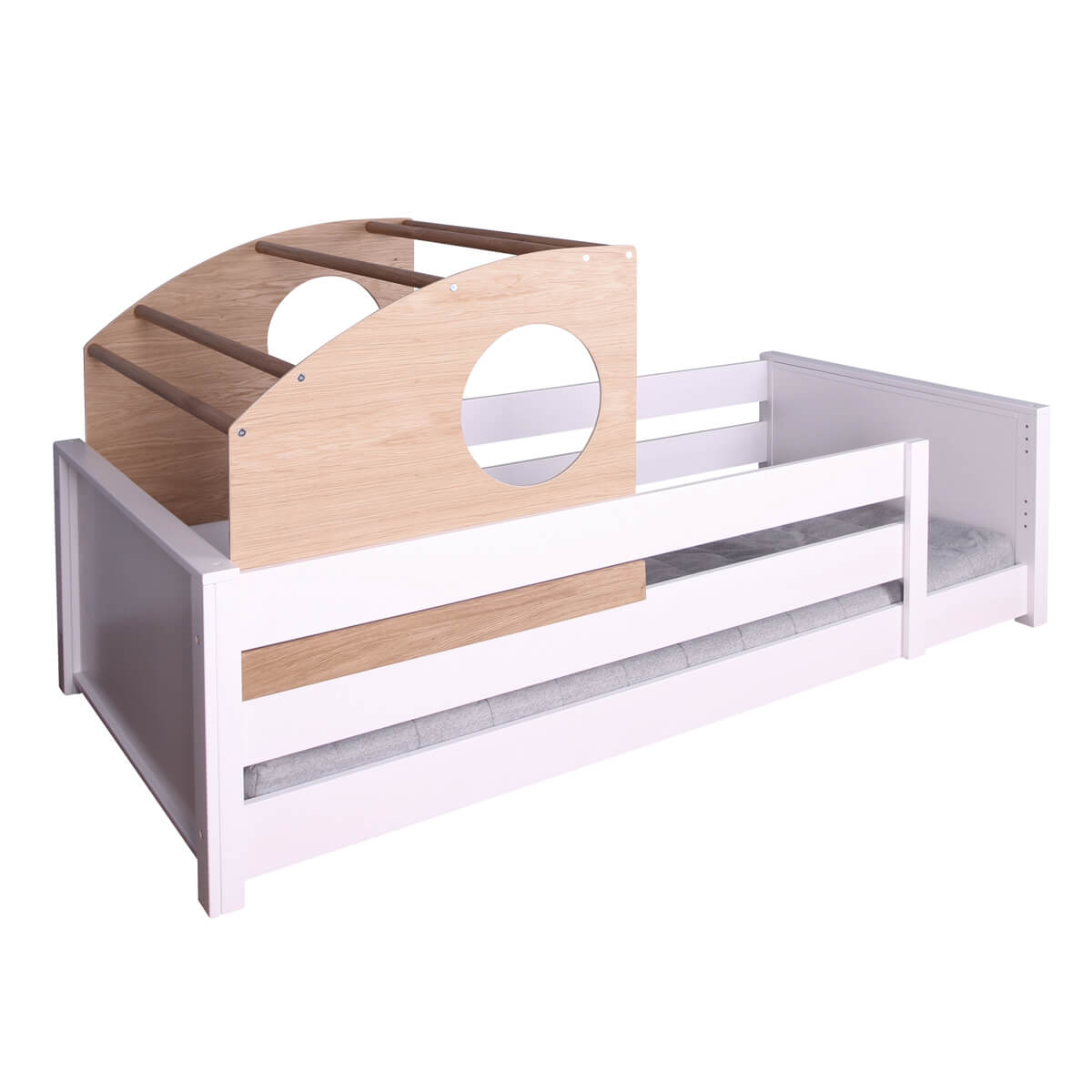 Lit au sol Montessori cabine coulissante barrière double KASVA hêtre laqué blanc