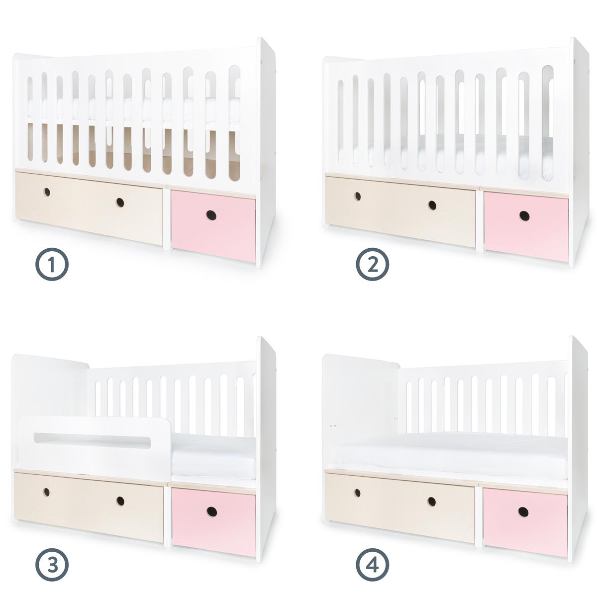 Lit bébé évolutif 70x140cm COLORFLEX façades sweet pink-white wash