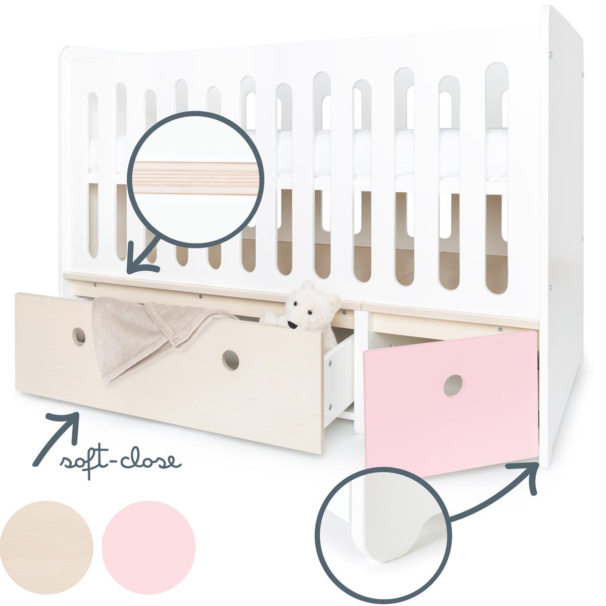 Lit bébé évolutif 70x140cm COLORFLEX façades sweet pink-white wash