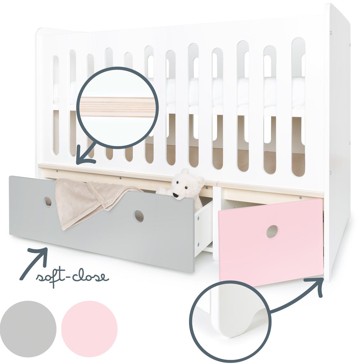 Lit bébé évolutif 70x140cm COLORFLEX pearl grey-sweet pink