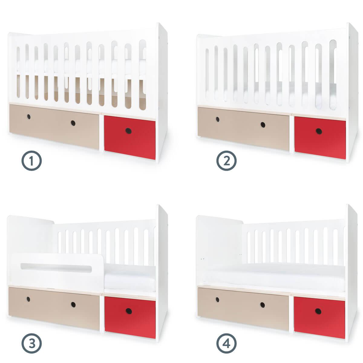 Lit bébé évolutif 70x140cm COLORFLEX warm grey-true red