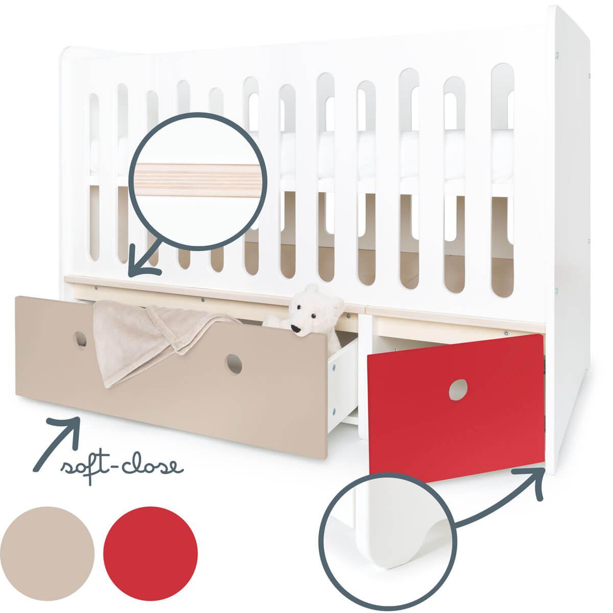 Lit bébé évolutif 70x140cm COLORFLEX warm grey-true red