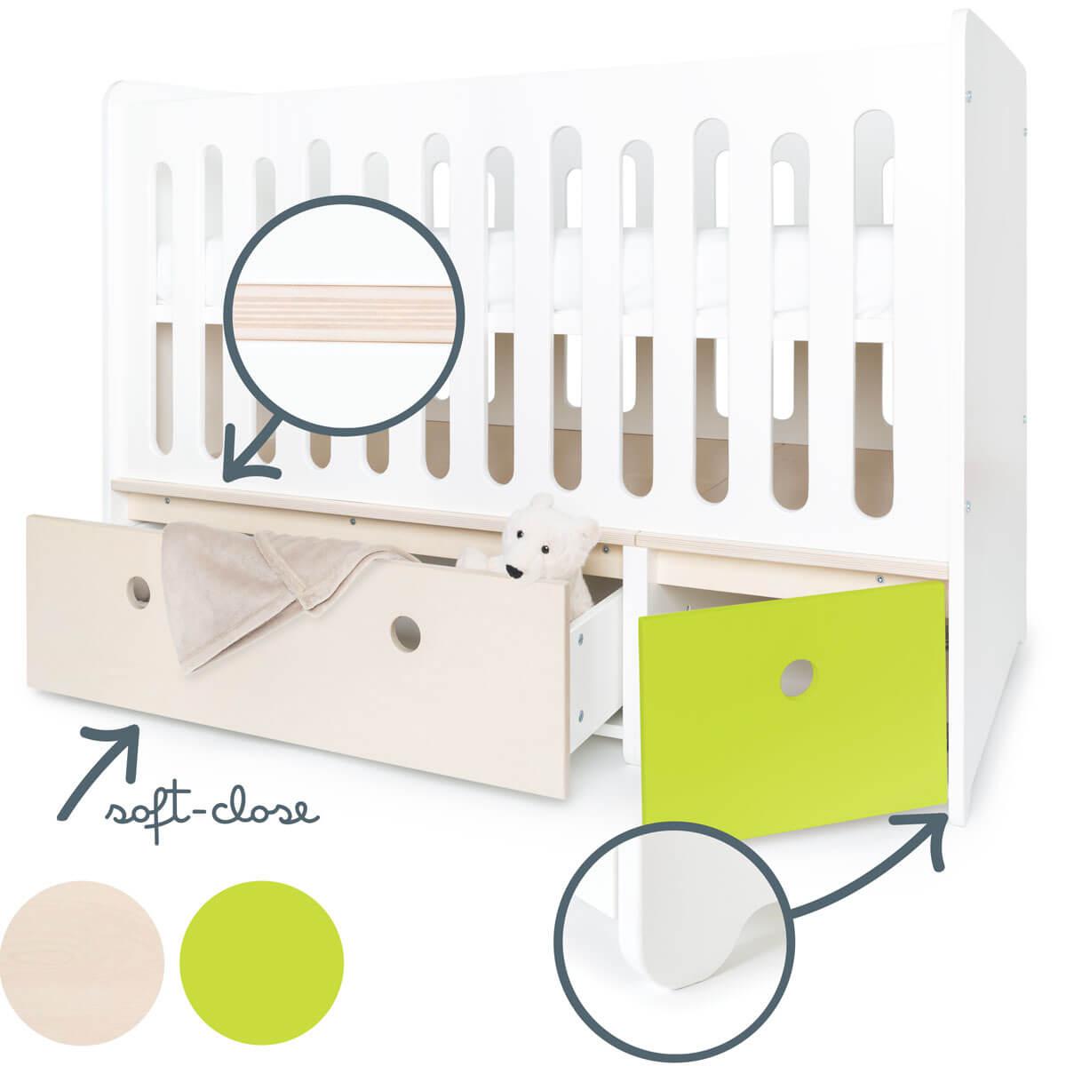 Lit bébé évolutif 70x140cm COLORFLEX white wash-lime