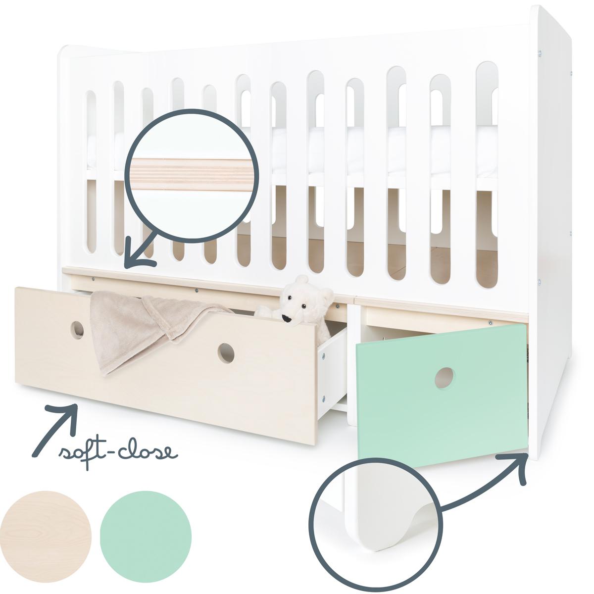 Lit bébé évolutif 70x140cm COLORFLEX white wash-mint