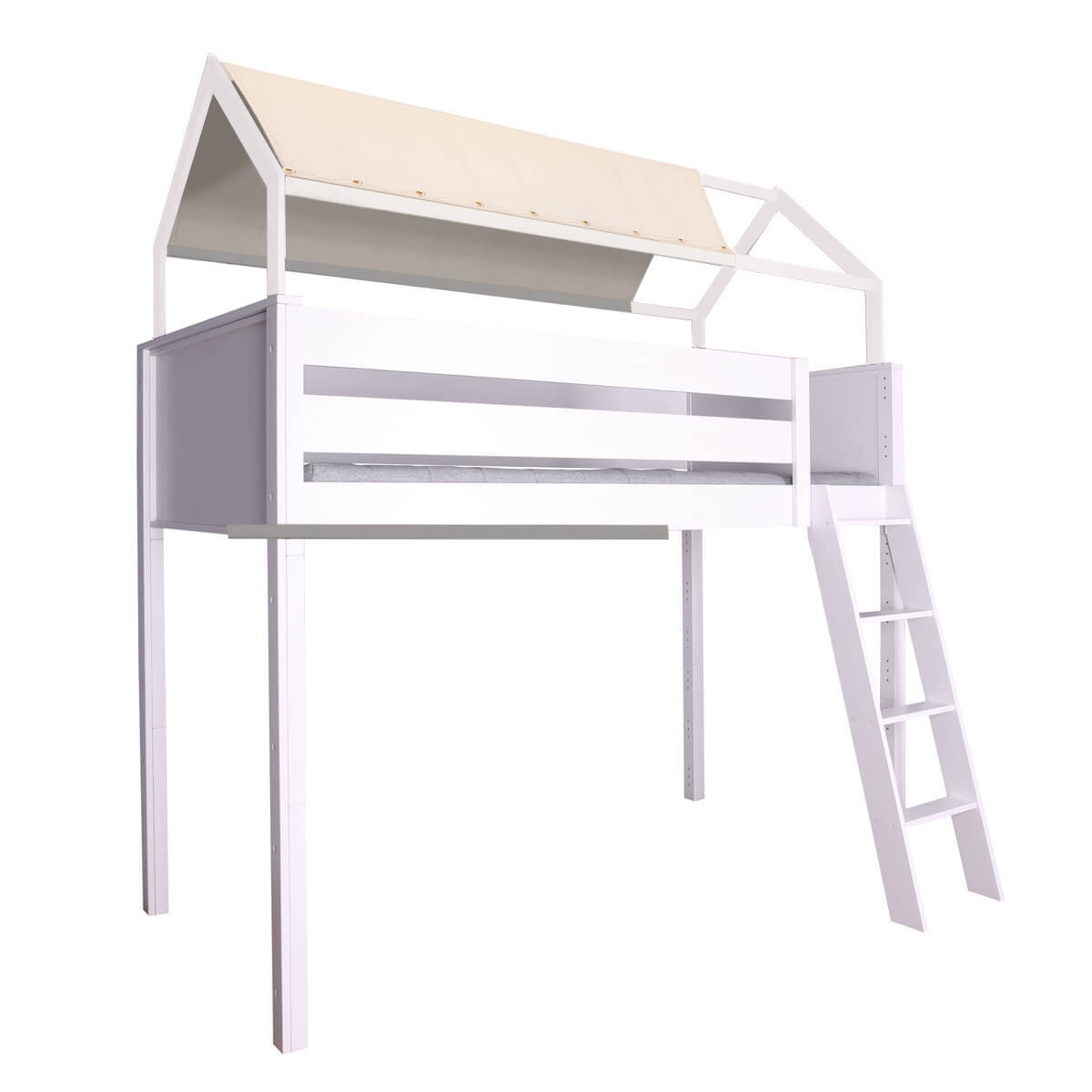 Lit cabane mezzanine KASVA hêtre massif laqué blanc avec textile de toit