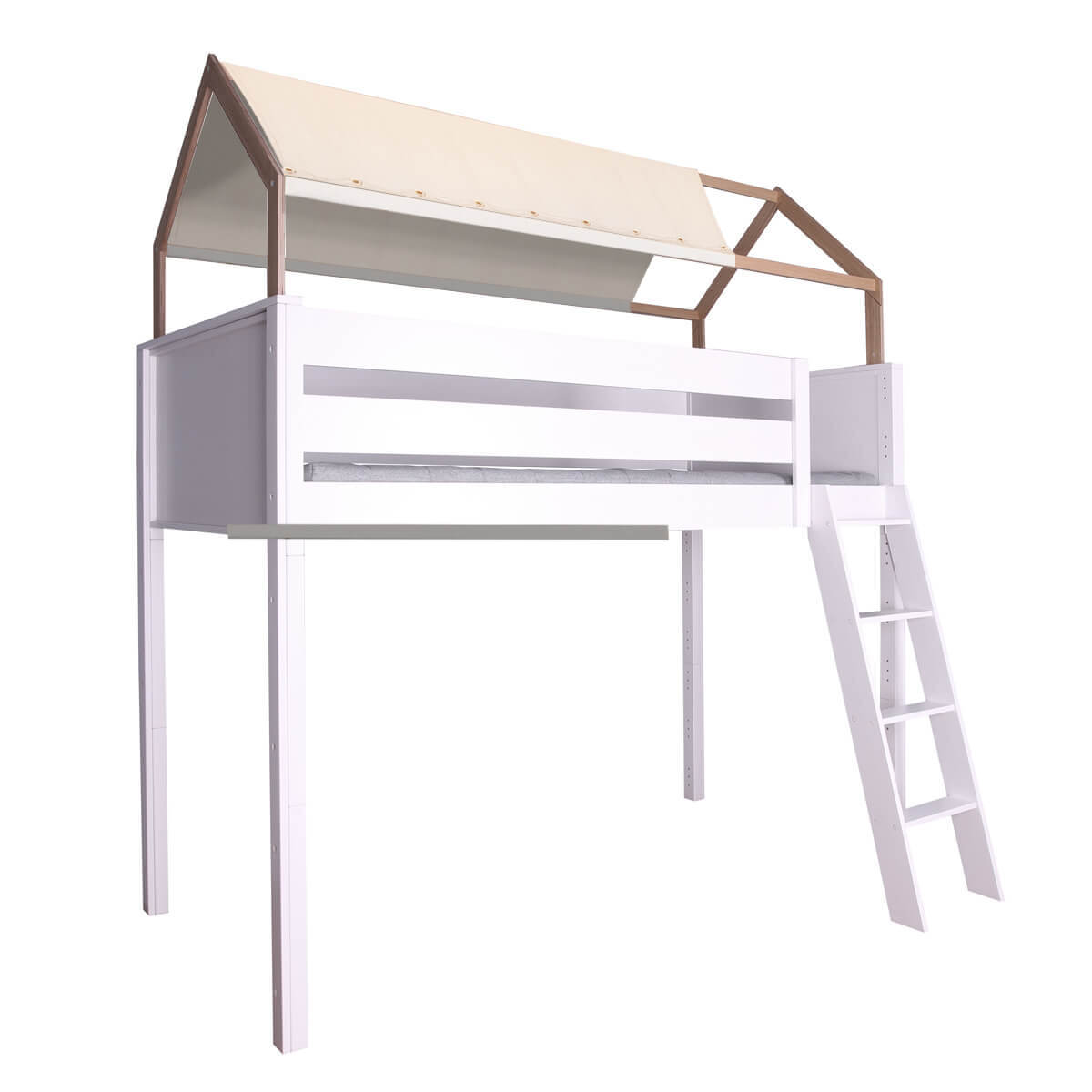 Lit cabane mezzanine KASVA hêtre massif laqué blanc-placage chêne avec textile de toit