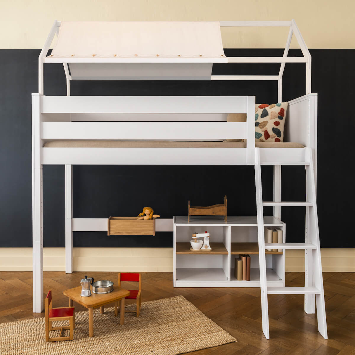 Lit mezzanine cabane KASVA hêtre laqué blanc textile de toit