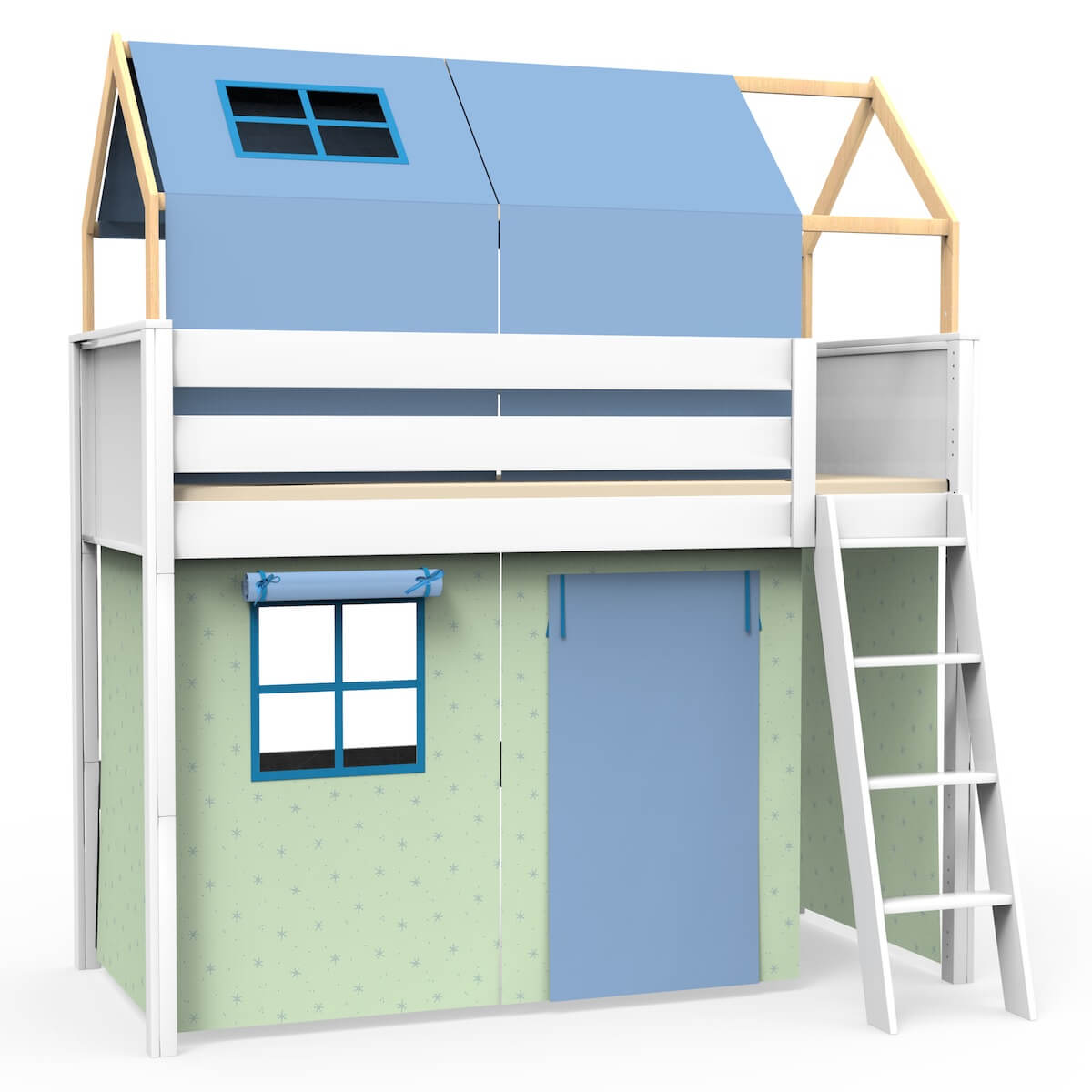 Lit mezzanine cabane KASVA textiles Viena green-blue