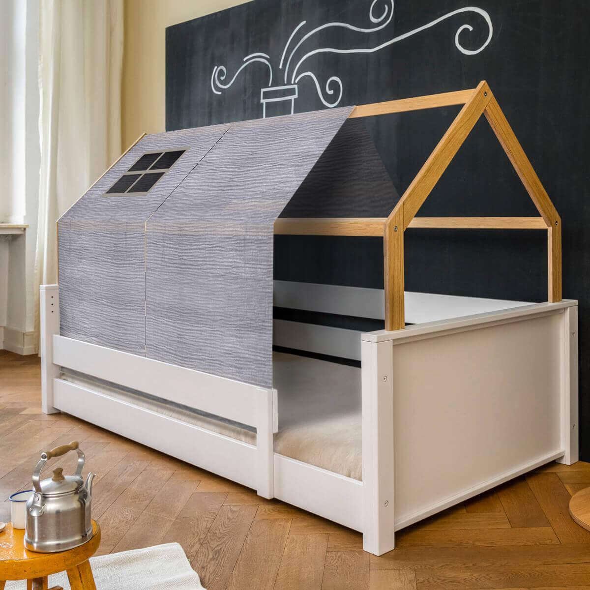 Lit montessori barrière simple cabane KASVA hêtre massif laqué blanc Bobble grey