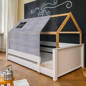 Lit montessori barrière simple cabane KASVA hêtre massif laqué blanc Bobble grey