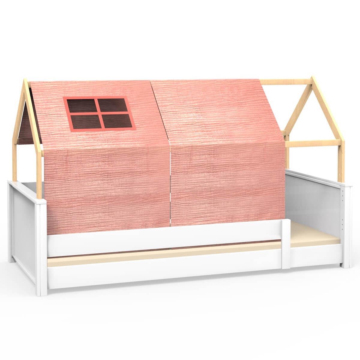 Lit montessori barrière simple cabane KASVA hêtre massif laqué blanc Bobble pink