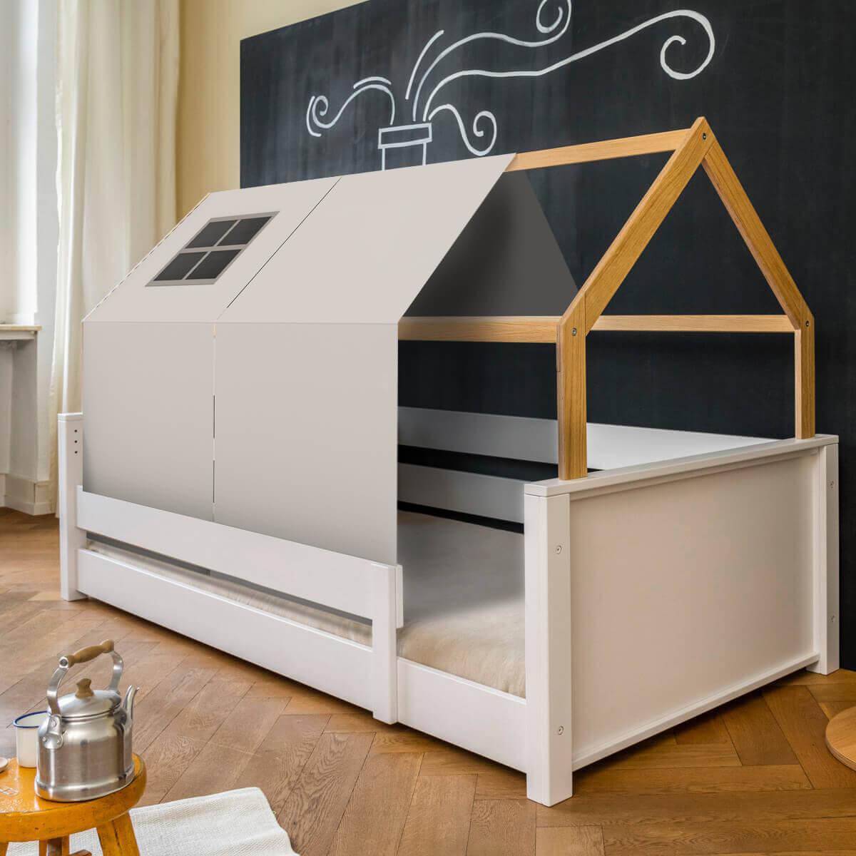 Lit montessori barrière simple cabane KASVA hêtre massif laqué blanc Viena grey
