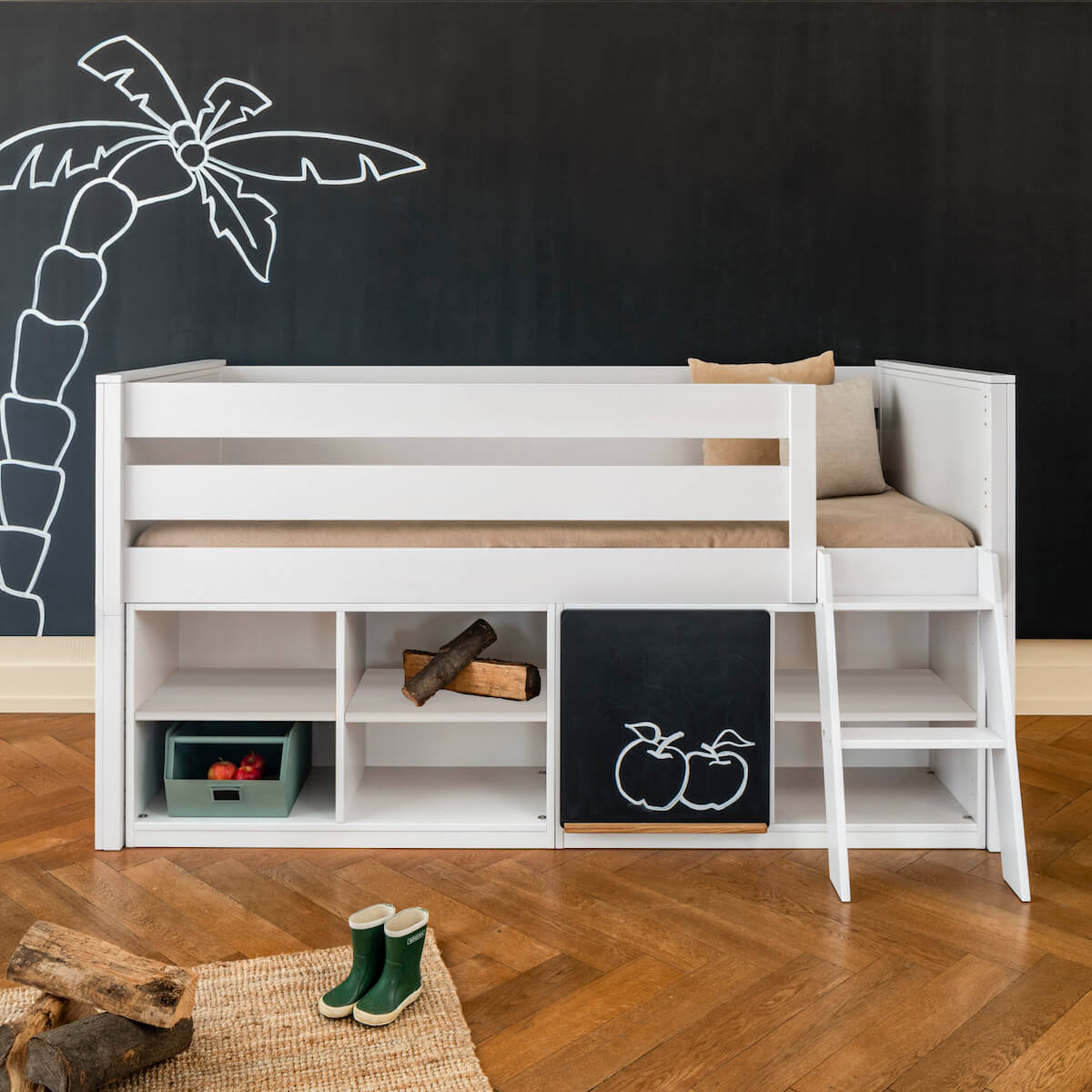 Loft bed half-height-shelf KASVA solid beech white lacquered 
