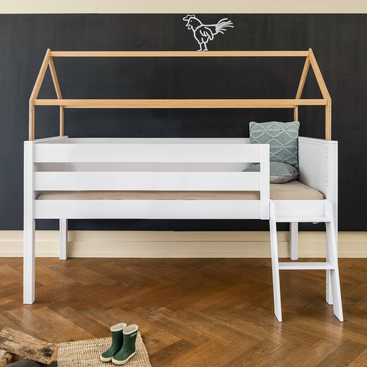 Loft bed roof half-height KASVA solid beech white varnished oak veneer-oiled