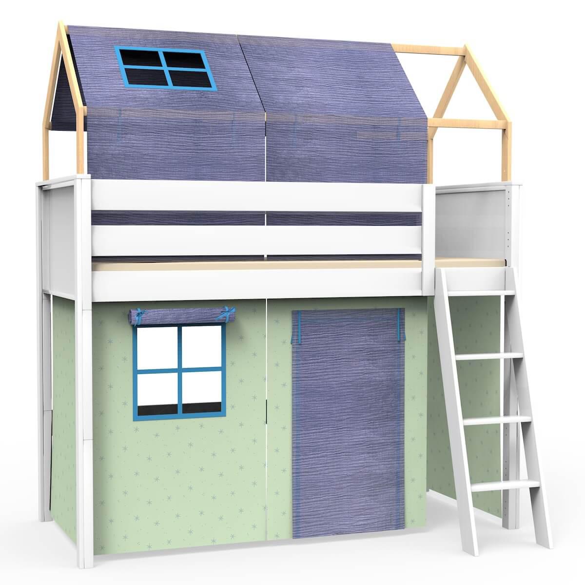 Loft bed roof high KASVA with textiles Bobble green-blue 