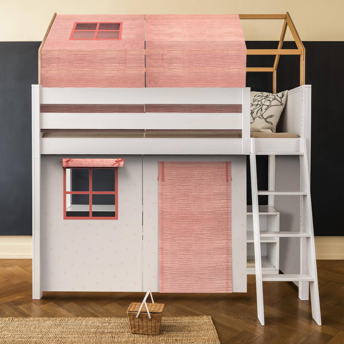 Loft bed roof high KASVA with textiles Bobble pink 
