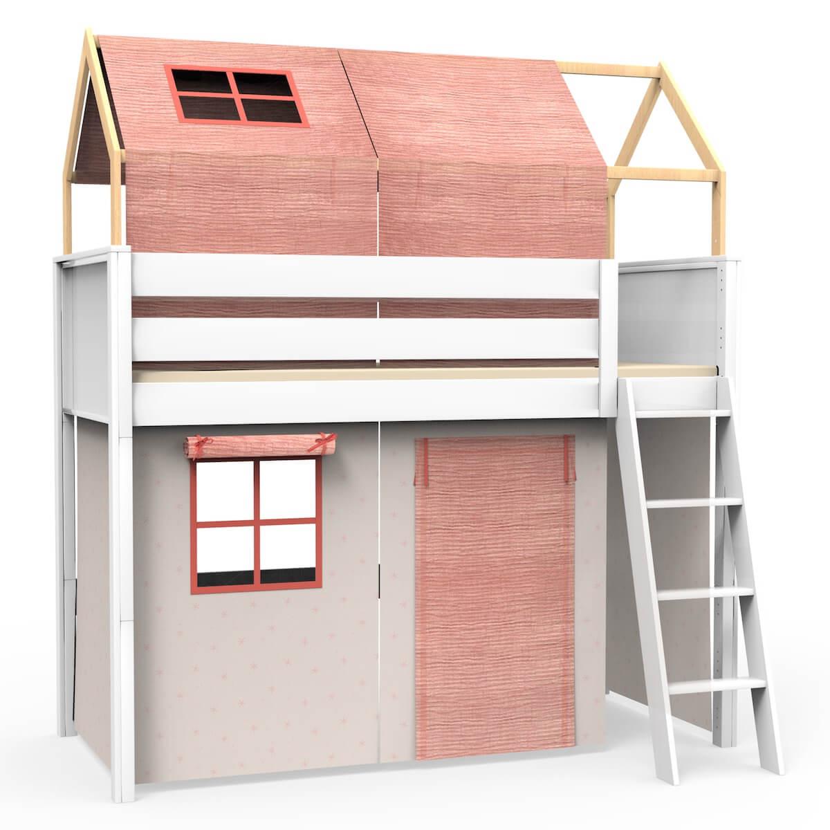 Loft bed roof high KASVA with textiles Bobble pink 