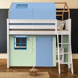 Loft bed roof high KASVA with textiles Viena green-blue 
