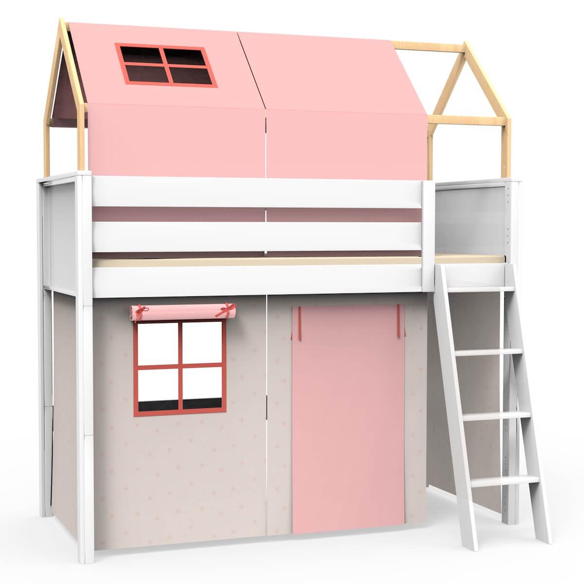 Loft bed roof high KASVA with textiles Viena pink 