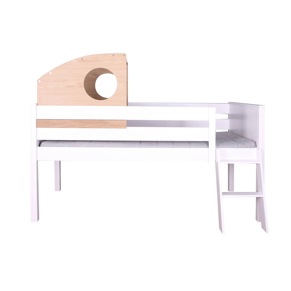 Low play bed cabin half-height KASVA solid beech white lacquered oak veneer oiled